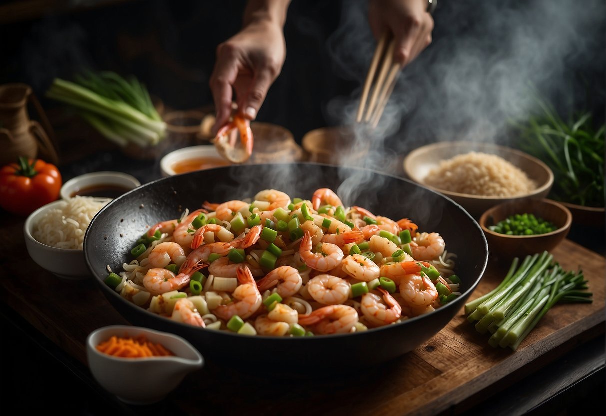 A table filled with ingredients like shrimp, soy sauce, ginger, and green onions. A wok sizzling with shrimp as a chef tosses them with the flavorful sauce