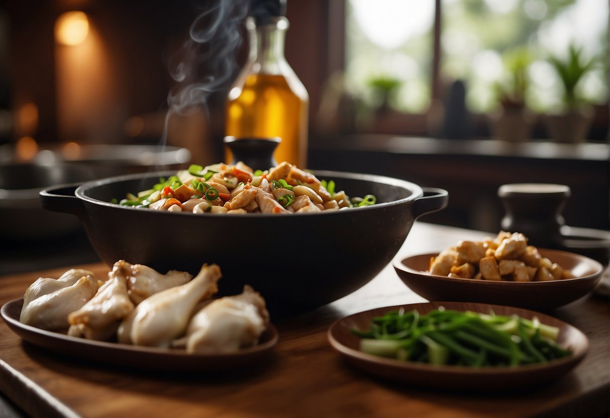 A table holds soy sauce, ginger, garlic, and chicken. A wok sizzles with oil. Vegetables wait nearby