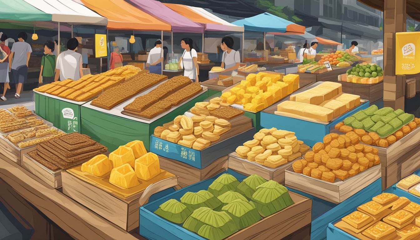 Colorful array of Singaporean snacks displayed on a vibrant market stall, including kaya toast, ondeh ondeh, and pineapple tarts. Aromatic scents waft through the air, enticing passersby to indulge in these delectable