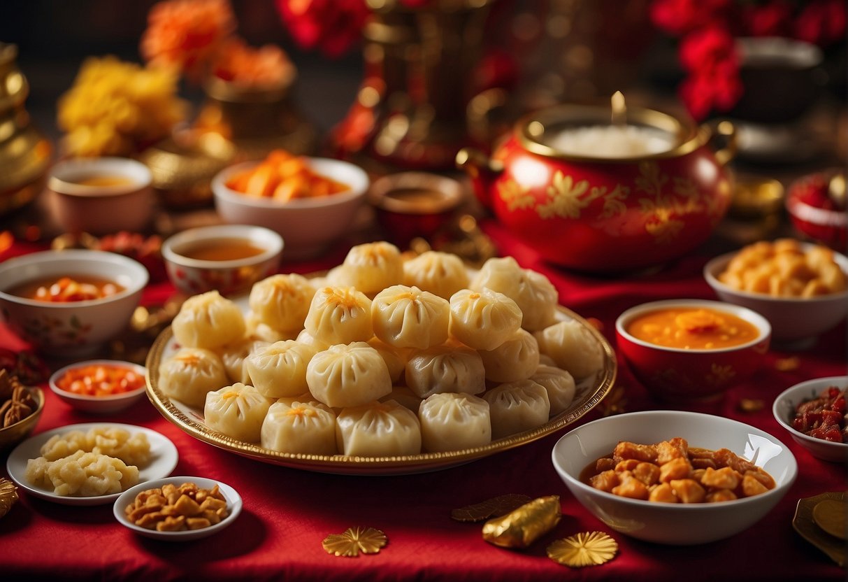 A table is filled with various Chinese New Year snacks, including dumplings, spring rolls, and sweet rice cakes. Red and gold decorations adorn the background, creating a festive atmosphere