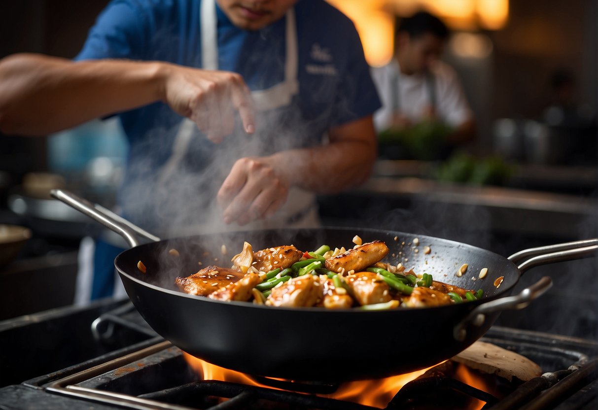 A wok sizzles over a high flame, as a chef tosses marinated chicken with ginger and garlic. A splash of soy sauce adds a rich color to the dish