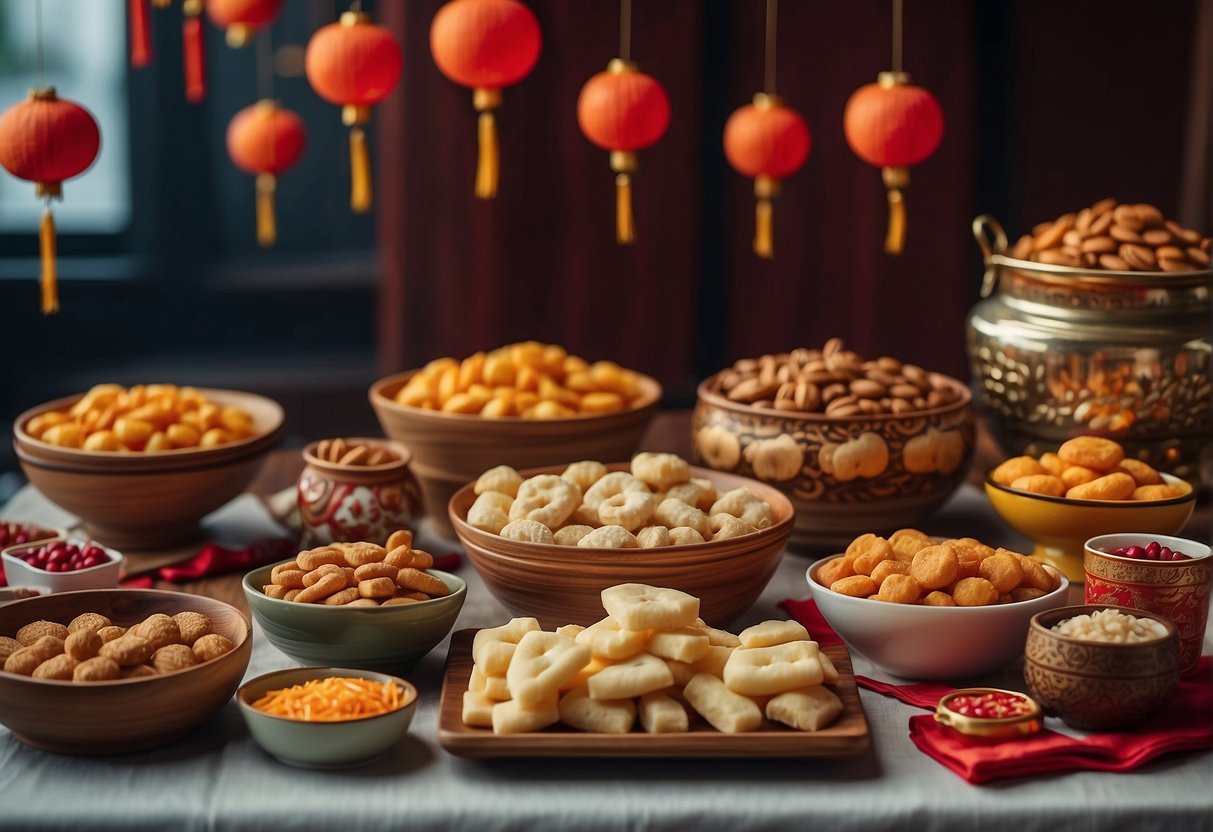 A table adorned with an array of traditional Chinese New Year snacks, including sweet and savory treats, symbolizing abundance and prosperity