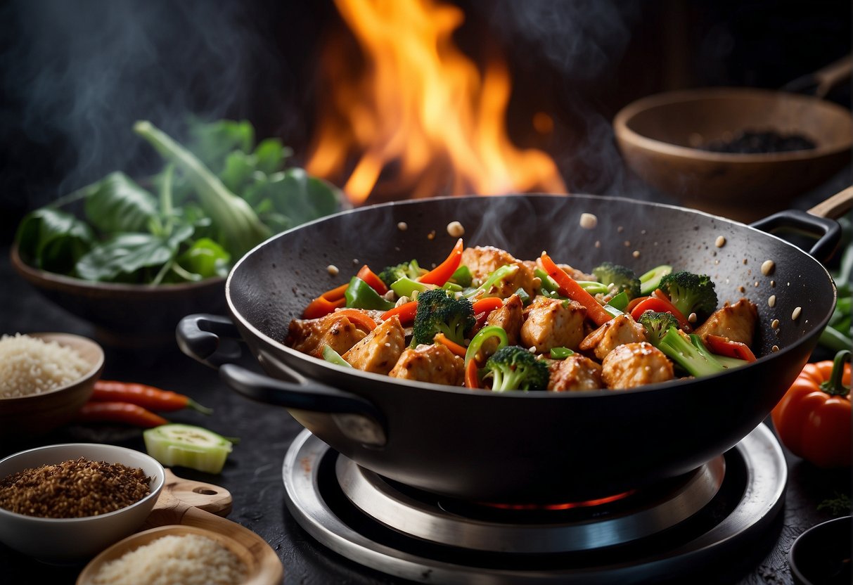 A sizzling wok cooks up popular Chinese chicken recipes with vibrant vegetables and aromatic spices