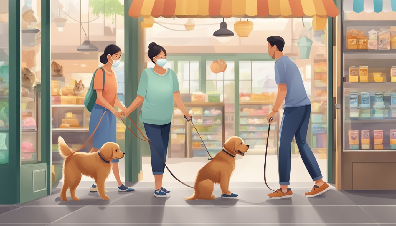 A family enters a pet shop in Singapore. They choose a fluffy puppy from a litter of dogs. The shop owner hands over the leash and collar