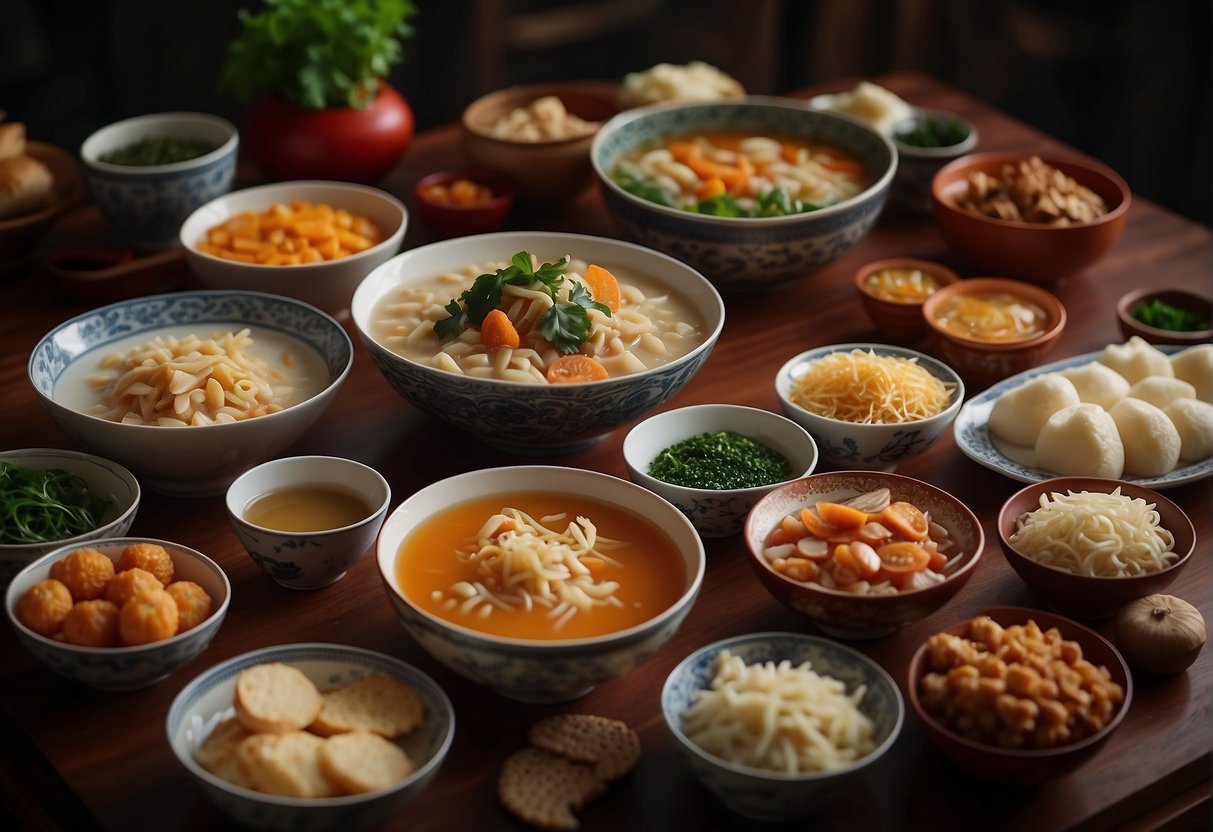 A table set with various Chinese New Year savoury snacks and soups, showcasing simple recipes