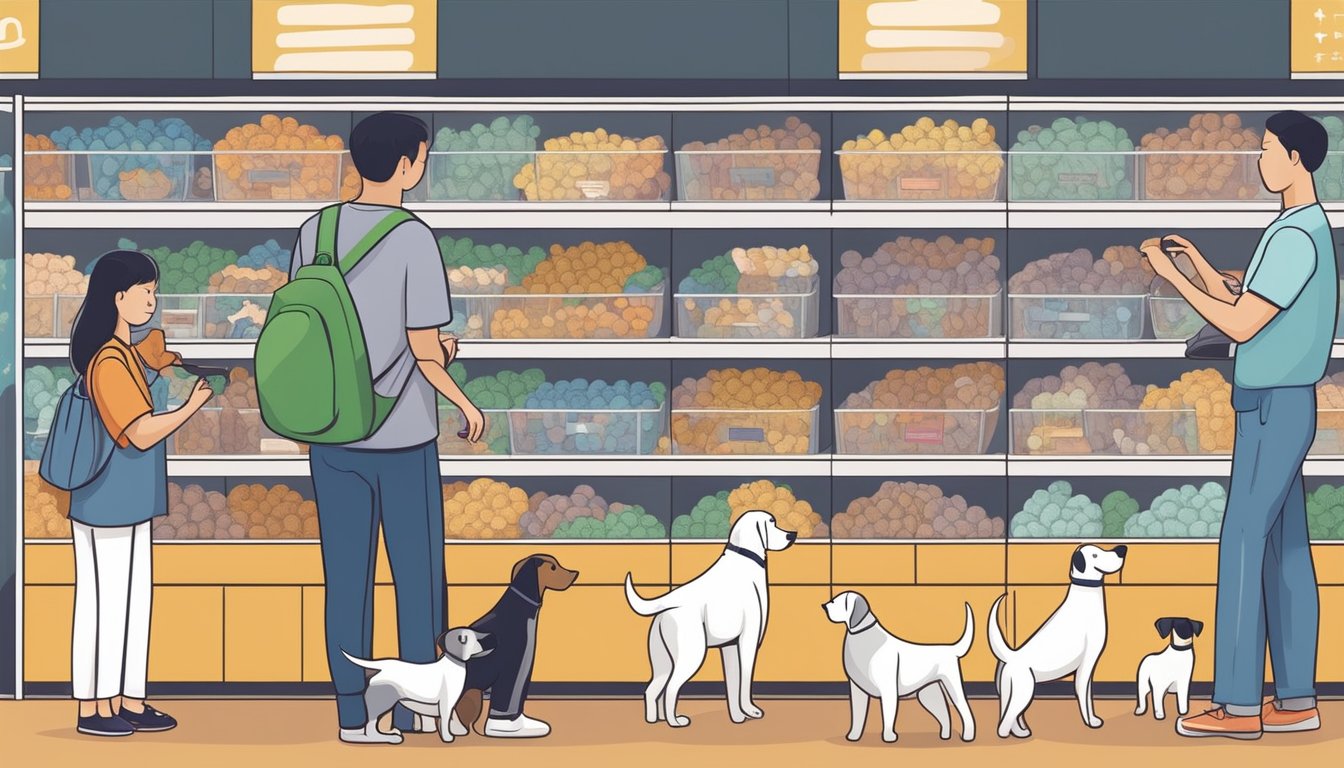 A family browsing through various dog breeds at a pet store in Singapore, with a knowledgeable staff member assisting them in making the right choice