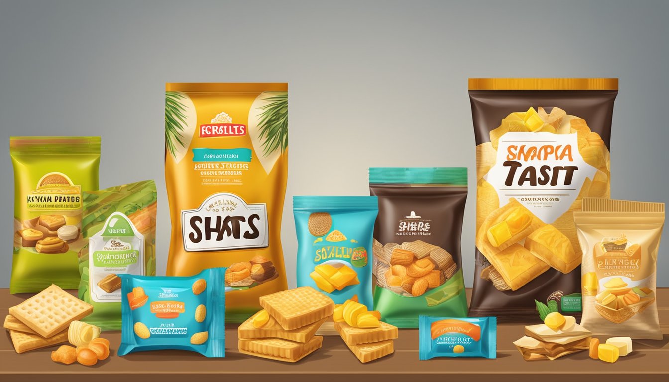 A variety of popular Singaporean snacks displayed on a table with colorful packaging and labels, including kaya toast, pineapple tarts, and salted egg chips