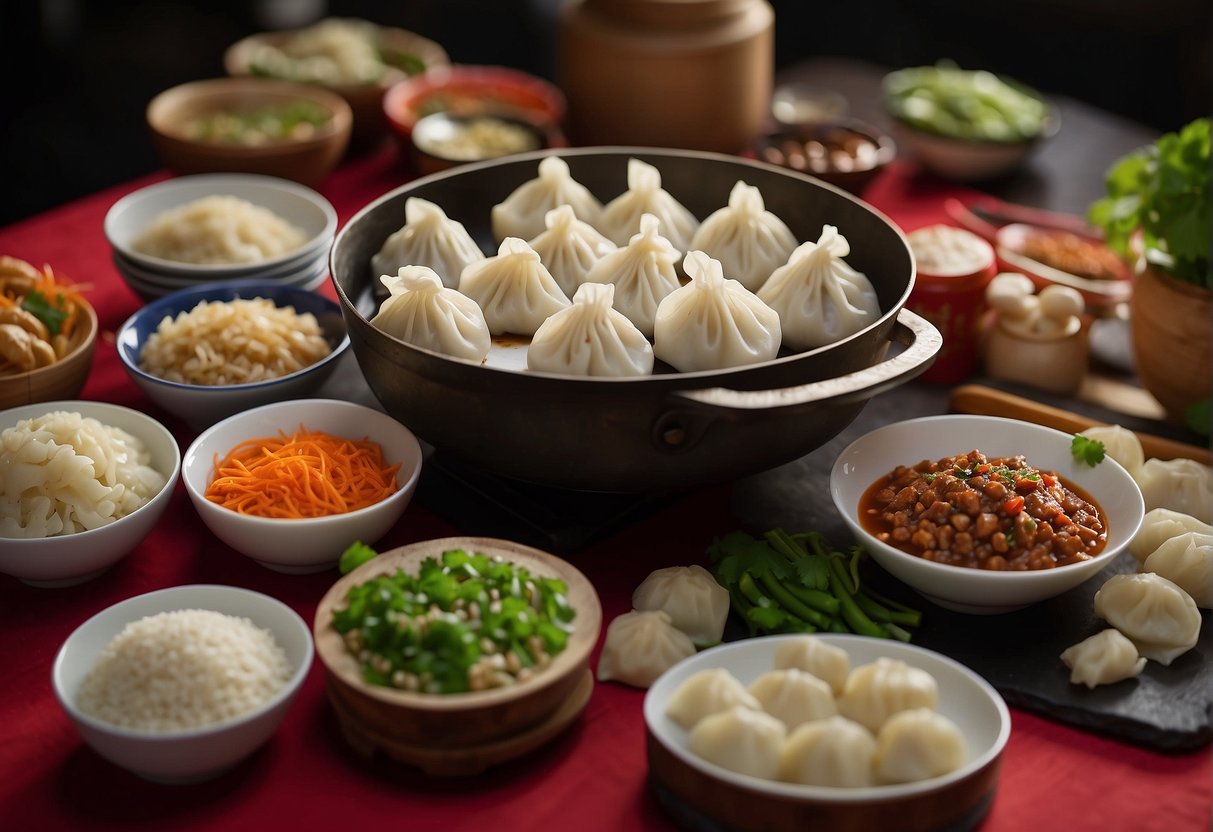 A table displays essential ingredients for Chinese New Year snacks, including dumpling wrappers, ground pork, and scallions. A wok sizzles with hot oil, as a chef expertly folds and pinches dumplings