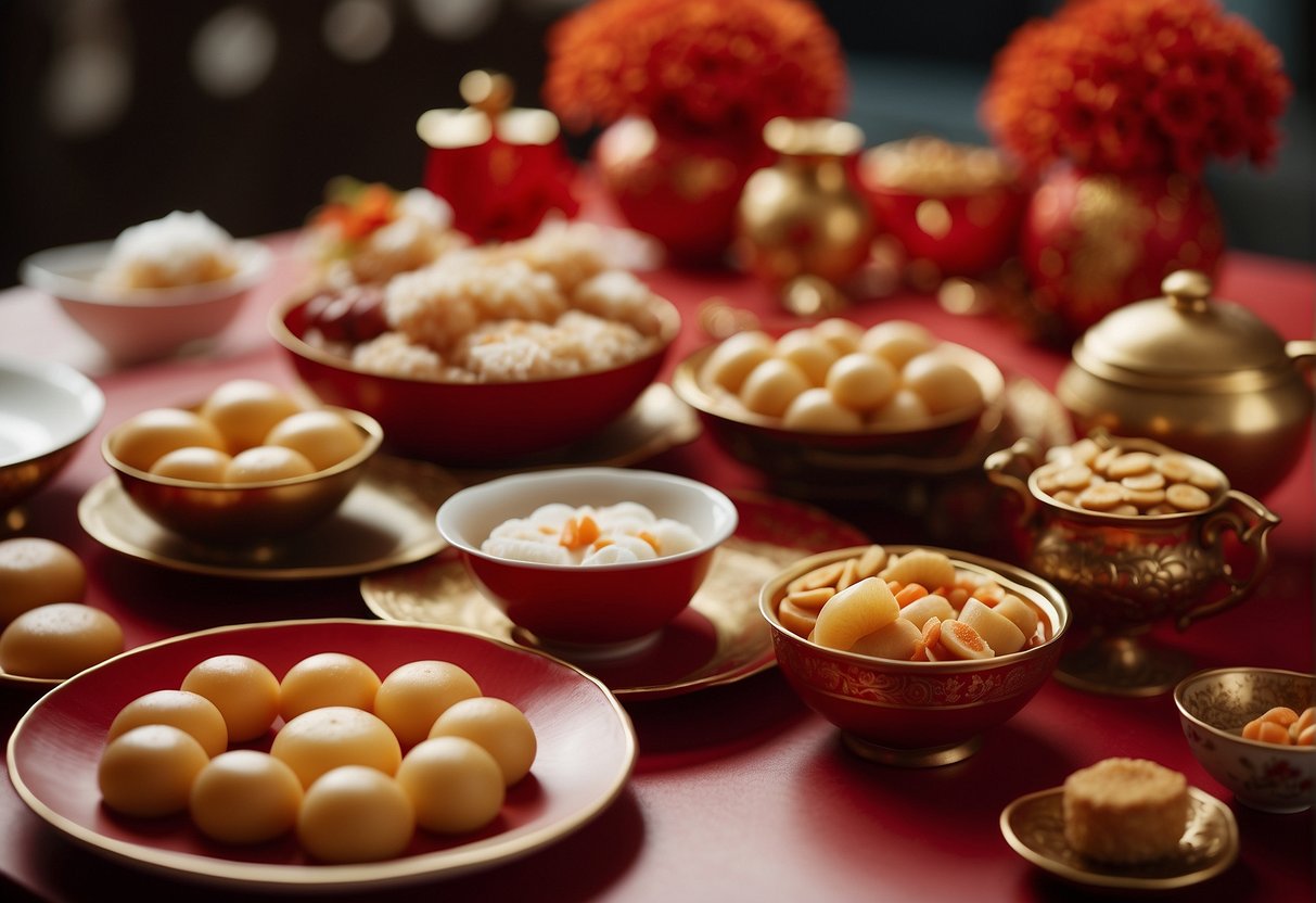 A table adorned with traditional Chinese New Year desserts and sweet treats, including tangyuan, nian gao, and sweet rice cakes. Red and gold decorations add to the festive atmosphere