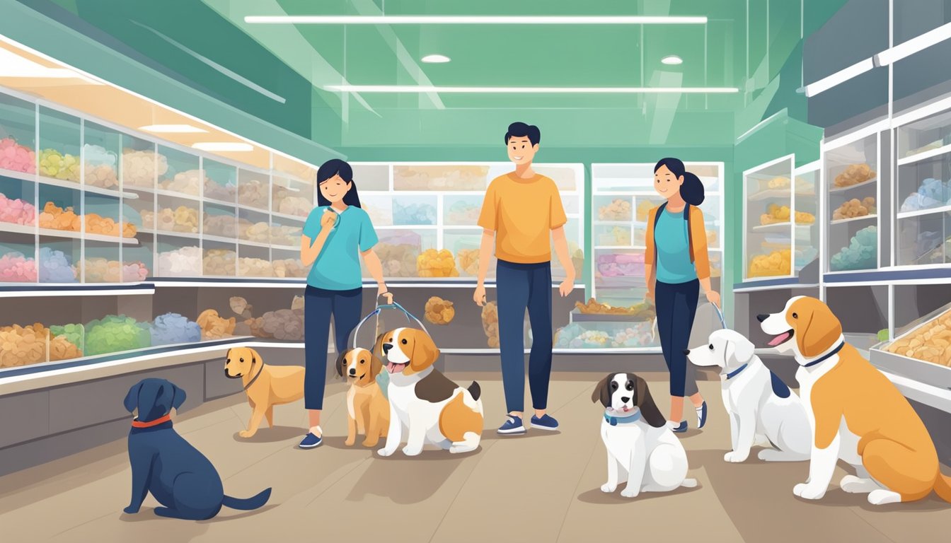 A family visits a reputable pet store in Singapore. They carefully choose a healthy puppy and purchase all necessary supplies