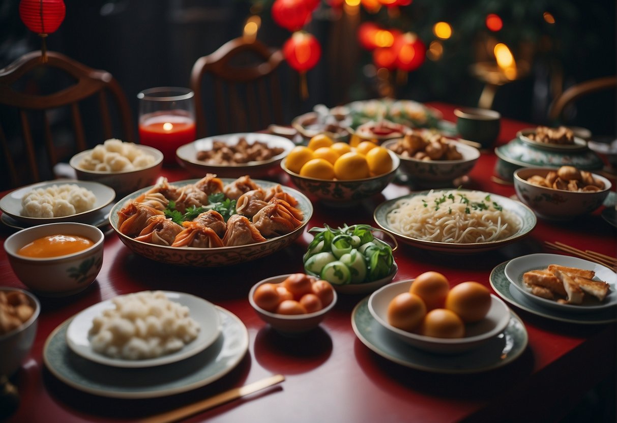 A festive table with traditional Chinese New Year dishes, surrounded by family and friends