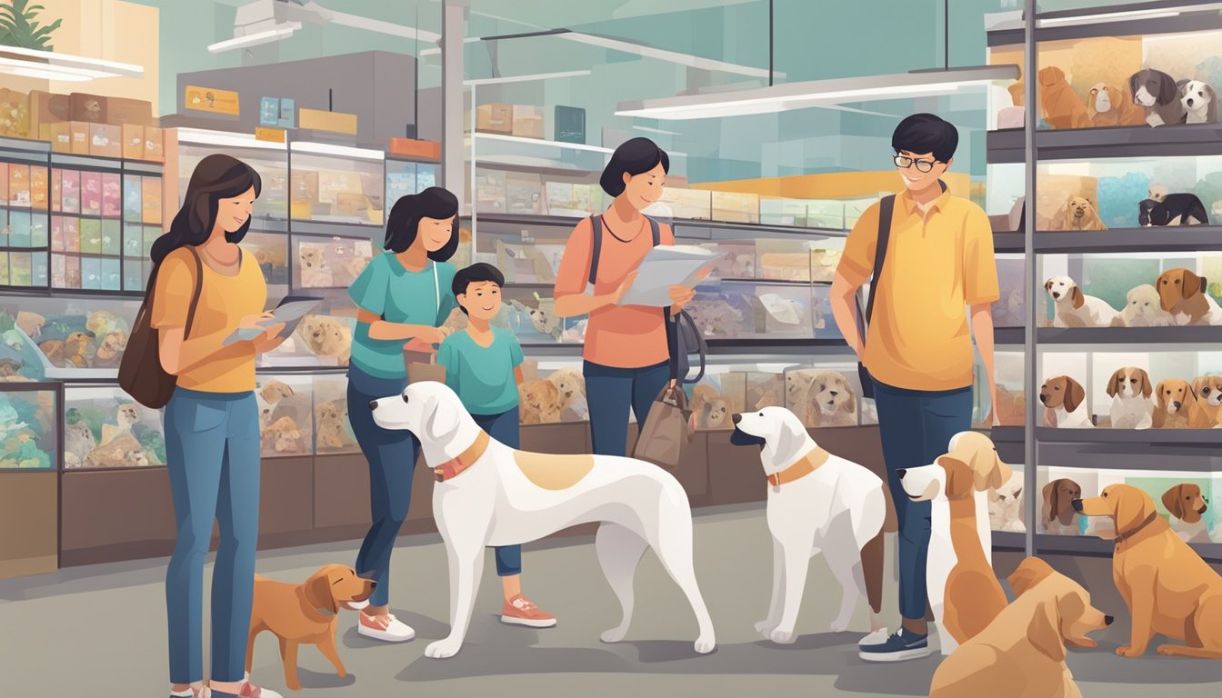 A family browsing through a variety of dog breeds at a pet store in Singapore, while a staff member answers their questions about pet care and adoption process