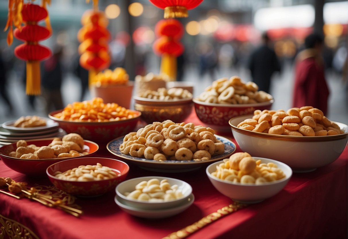A table adorned with a colorful array of modern Chinese New Year snacks, blending traditional flavors with a contemporary twist