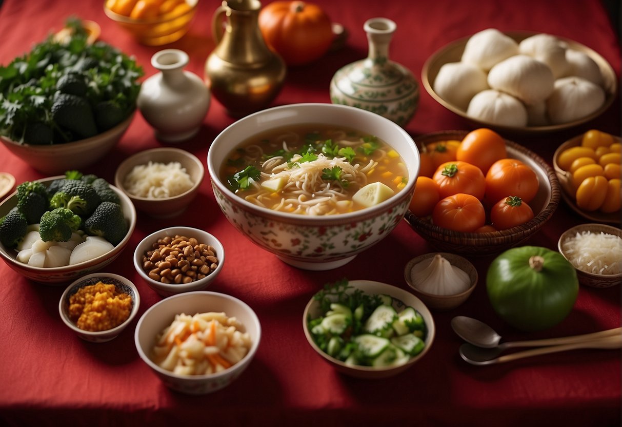 A table set with various Chinese New Year soup ingredients, including fresh vegetables, herbs, and meats, surrounded by traditional cooking utensils and a festive red tablecloth