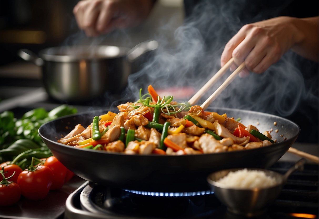 A wok sizzles with chicken, ginger, and garlic. A chef adds soy sauce and tosses in vibrant veggies. Steam rises as the dish is plated