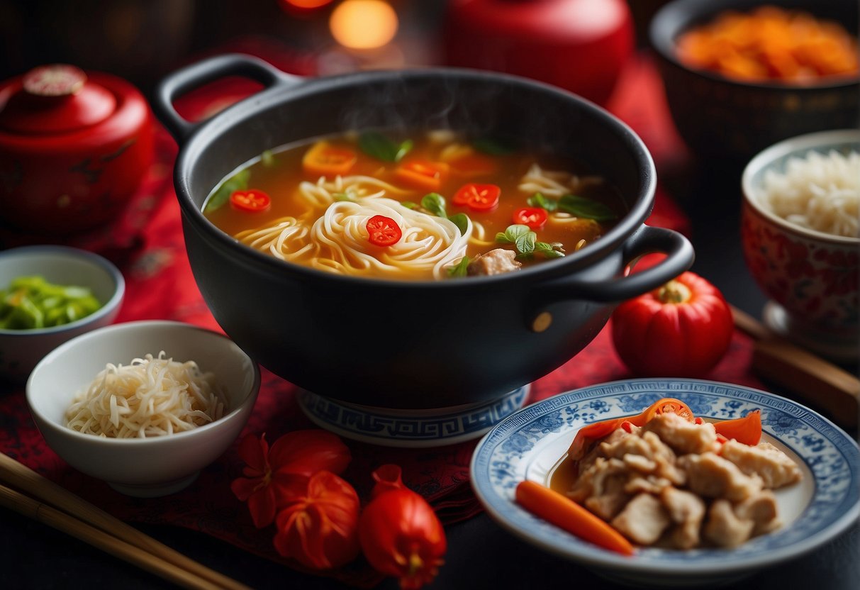 A steaming pot of traditional Chinese New Year soup sits on a table surrounded by vibrant red decorations and auspicious symbols