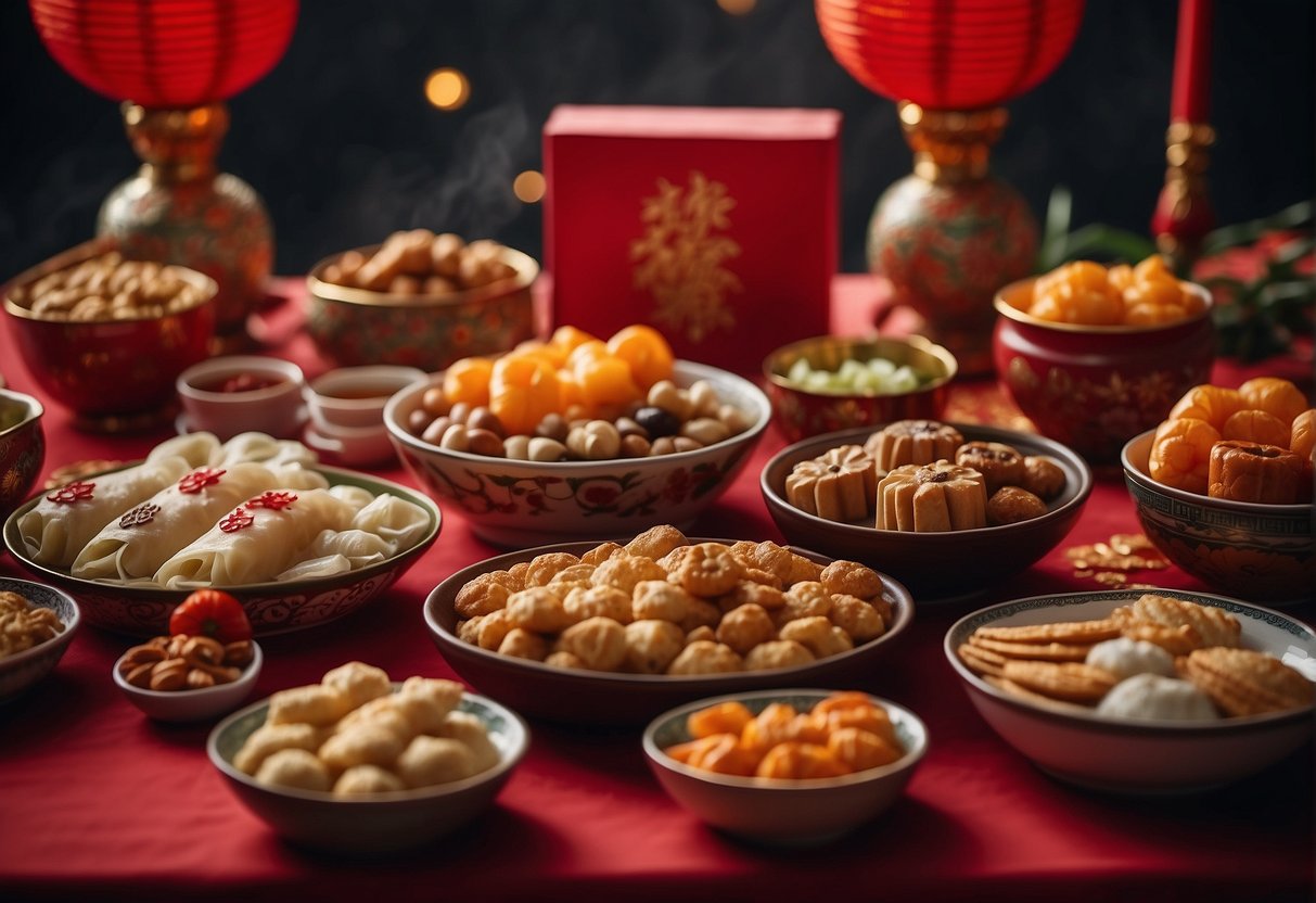 A table adorned with an assortment of traditional Chinese New Year snacks, beautifully wrapped and ready to be given as gifts
