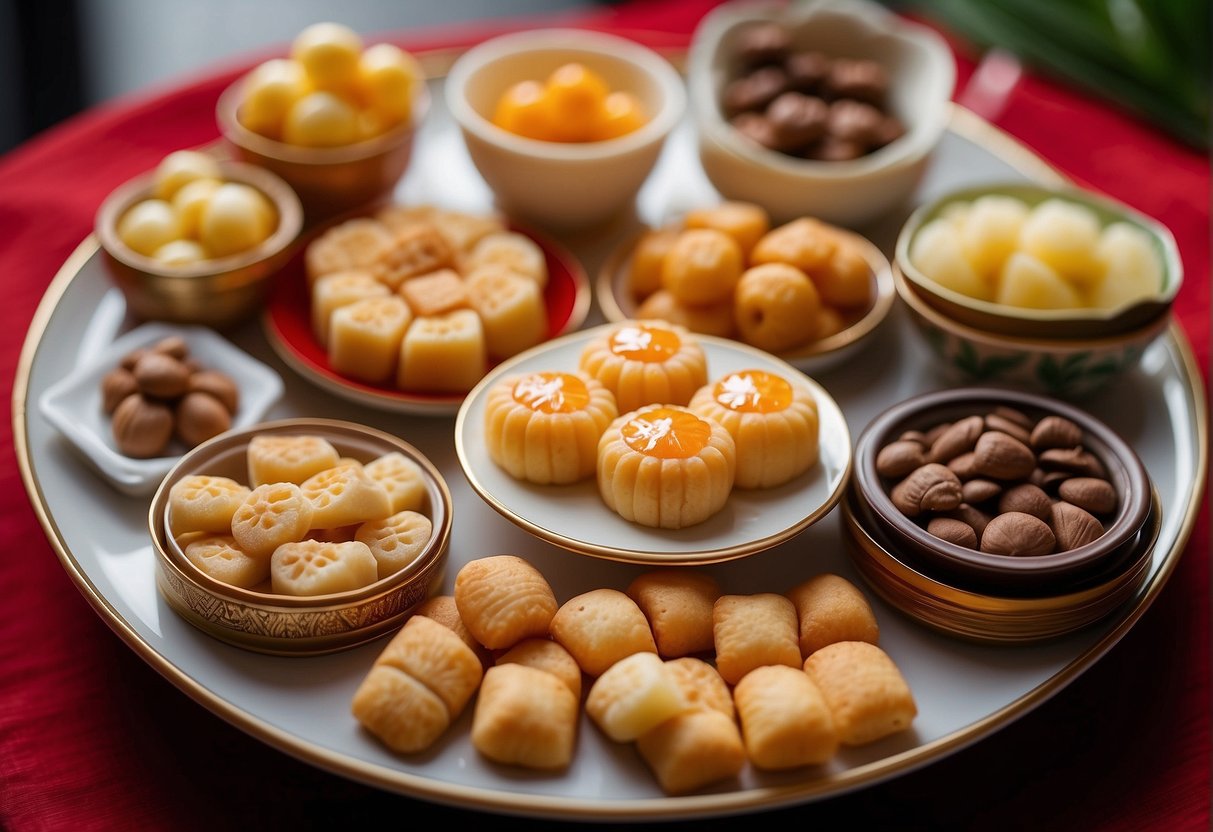 A table filled with various Chinese New Year snacks, including pineapple tarts, love letters, and kueh bangkit, arranged neatly on festive plates