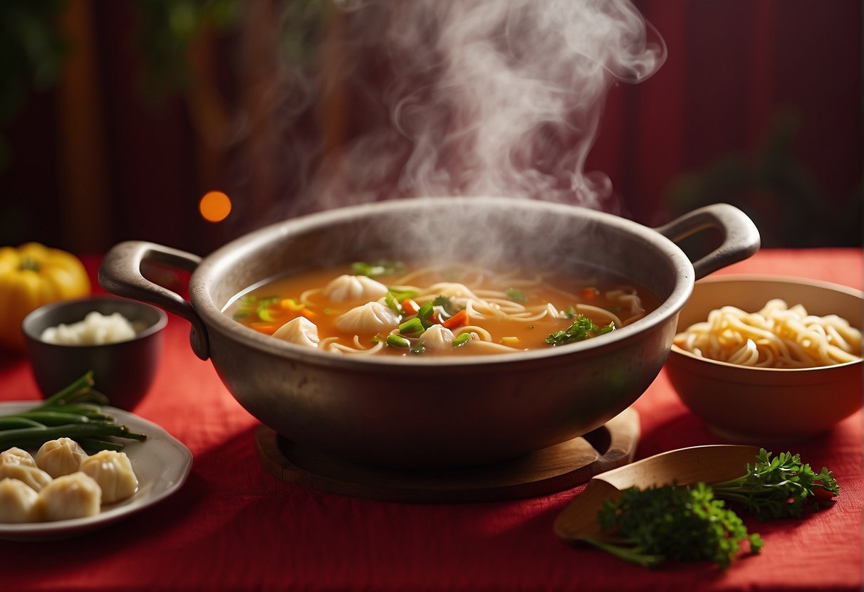 A steaming pot of Chinese New Year soup sits on a red tablecloth, surrounded by vibrant red and gold decorations. Ingredients like dumplings, noodles, and fresh vegetables are visible in the broth