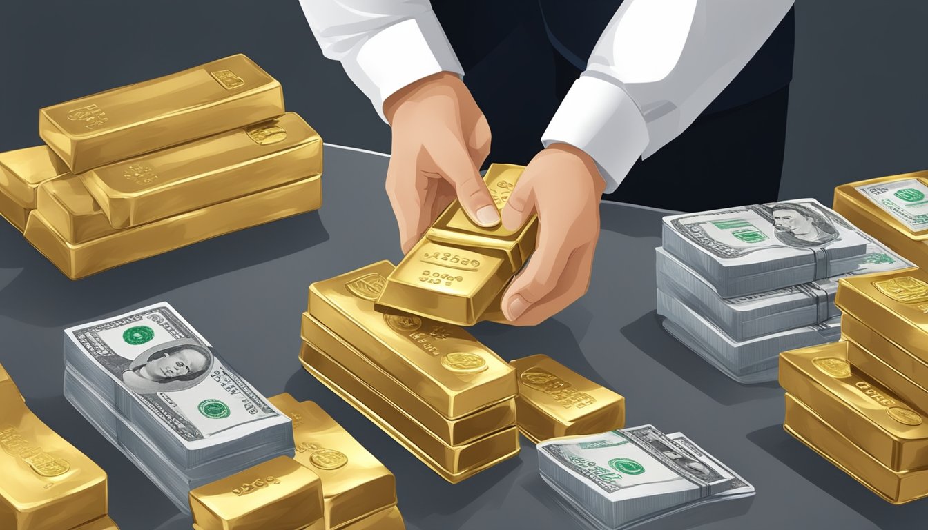 A person in Singapore purchases gold from a reputable dealer, exchanging money for physical gold bars or coins in a secure and professional setting