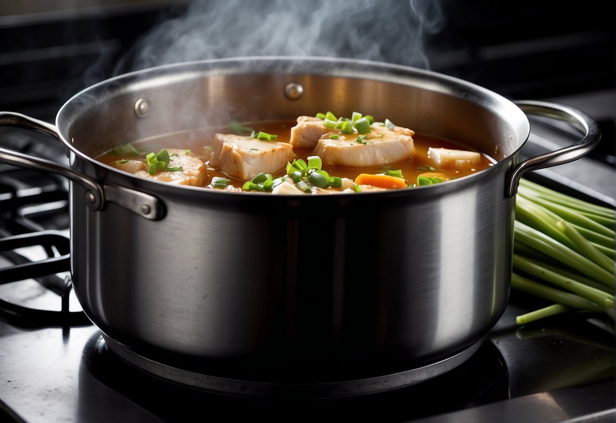 A pot simmering on a stove with chicken, ginger, garlic, and green onions. A ladle rests on the side, steam rising from the broth