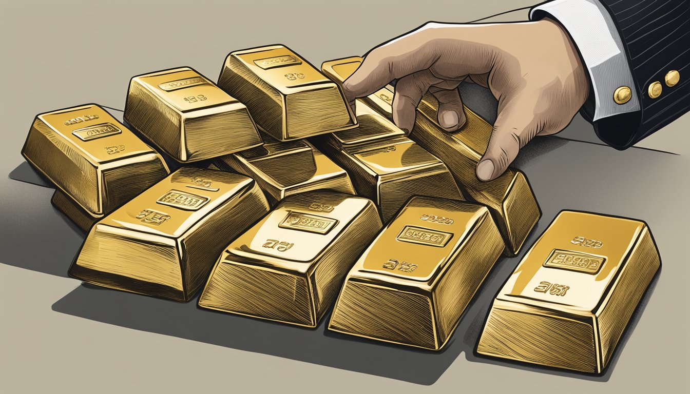 A hand reaches out to purchase gold bars from a Singaporean dealer. The transaction is completed, and the gold assets are securely stored