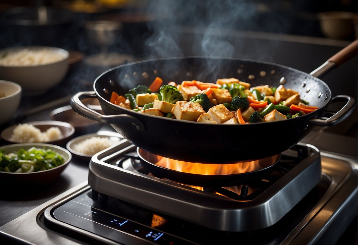 A wok sizzles as vegetables and tofu stir-fry. Steam rises from a pot of rice. Soy sauce, ginger, and garlic sit on the counter