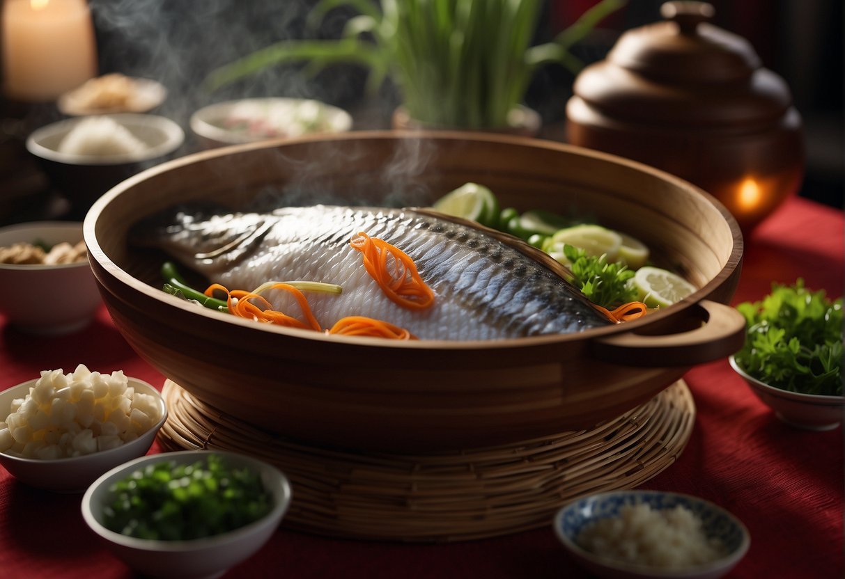 A whole fish steaming in a bamboo steamer, surrounded by ginger, scallions, and soy sauce. Red lanterns hang in the background, symbolizing Chinese New Year