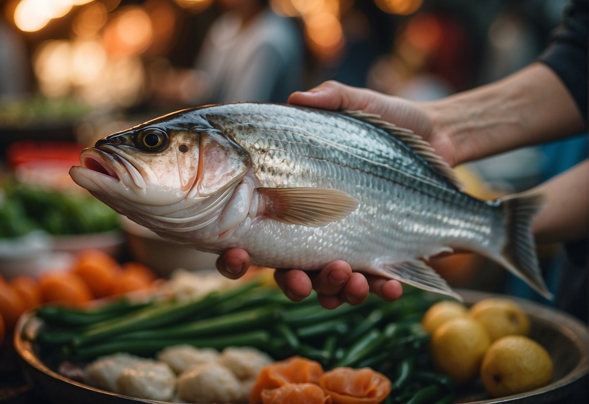 A hand reaching for a fresh whole fish at a bustling Chinese market. Ingredients like ginger, scallions, and soy sauce surround the fish, ready to be used in the traditional Chinese New Year steam fish recipe