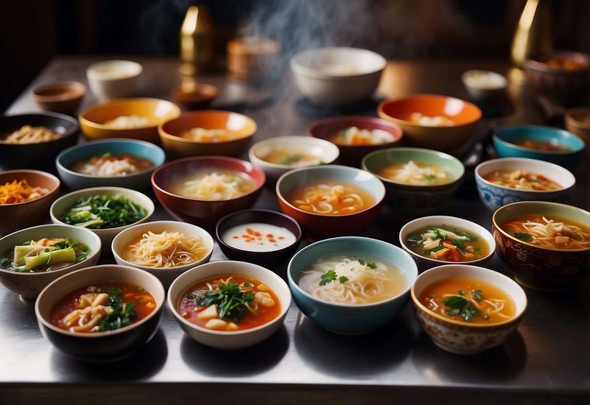 A table filled with colorful bowls of steaming Chinese New Year soups, each representing a different regional variation of the traditional dish
