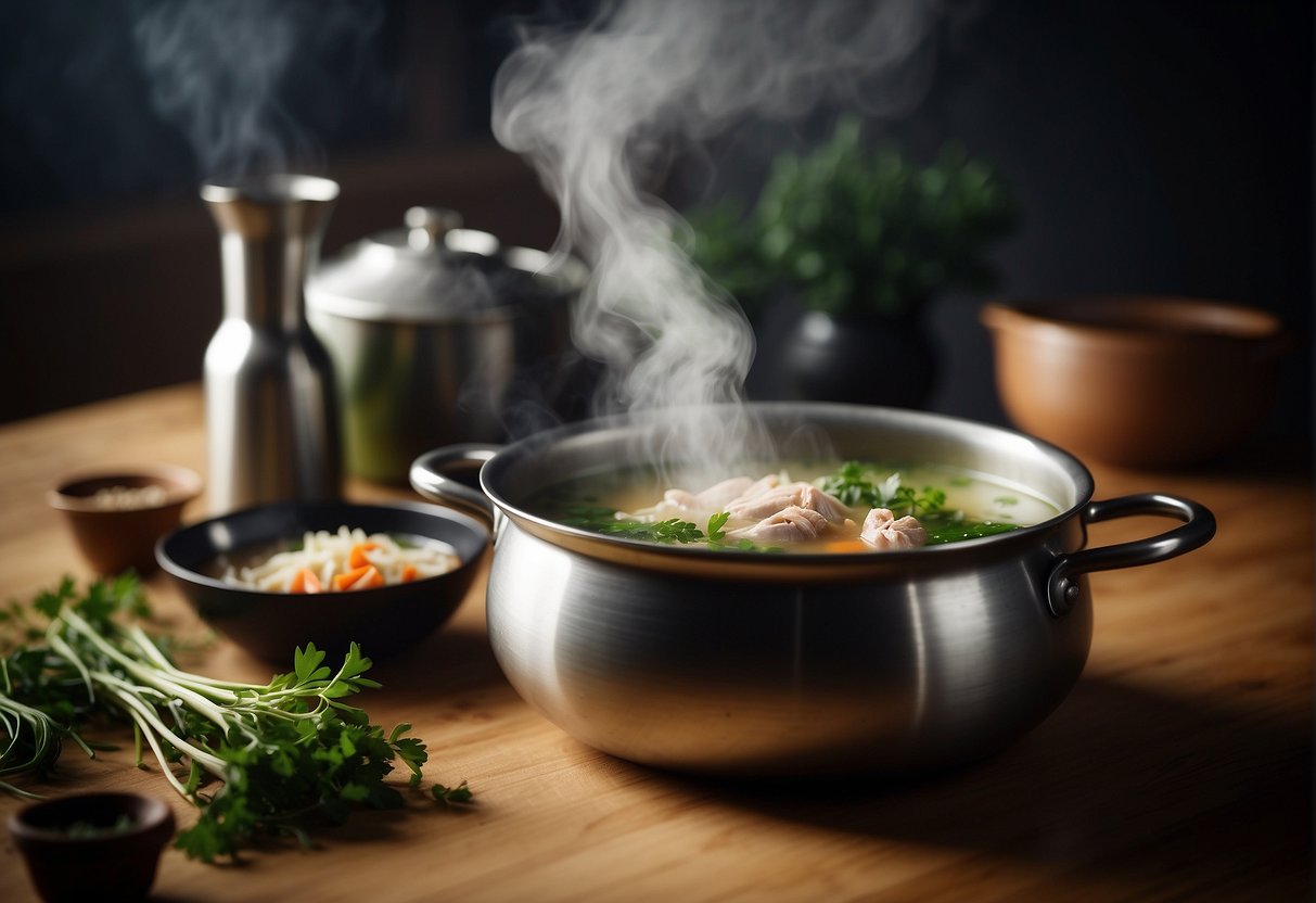 Steam rises from a bubbling pot of Chinese chicken soup. A scattering of fresh herbs and vegetables sit nearby, ready to be added to the savory broth