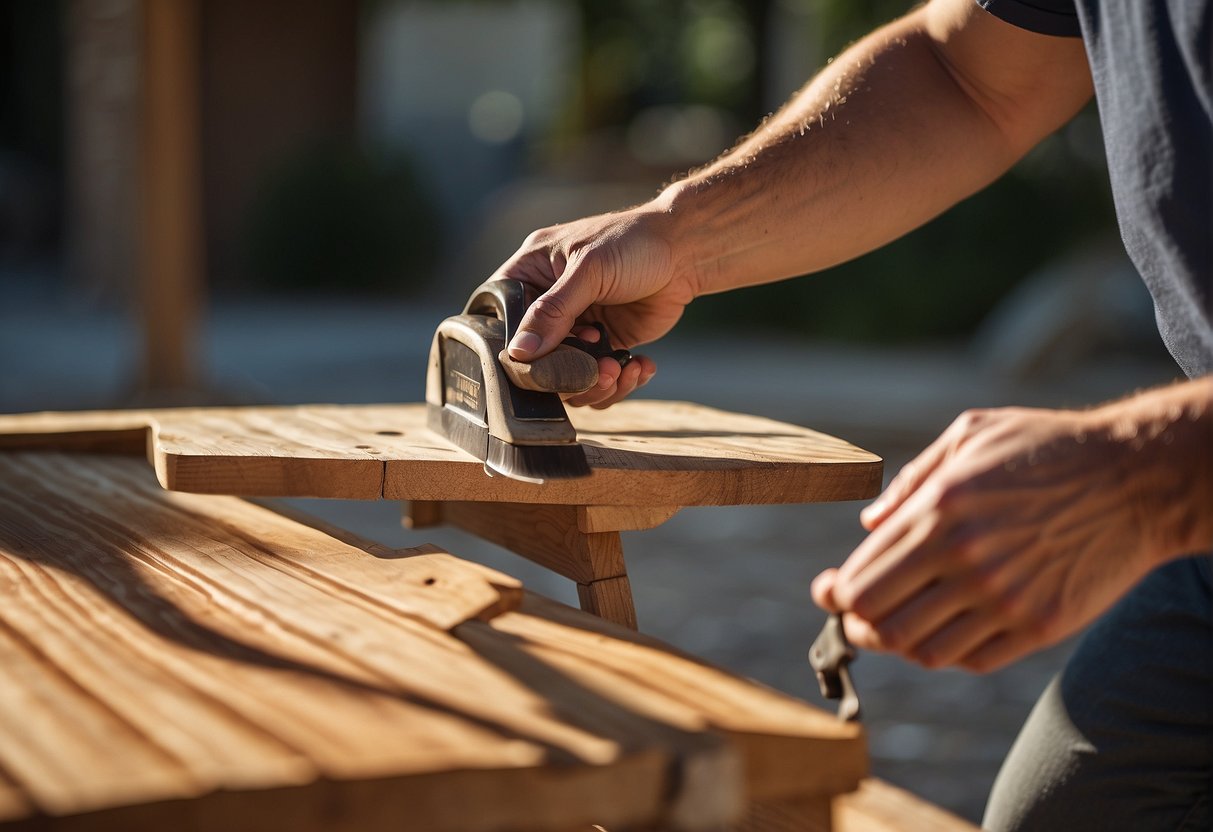 A person sanding down a wooden chair, applying wood glue, and clamping the broken pieces together. Sanding the surface before applying a fresh coat of outdoor sealant