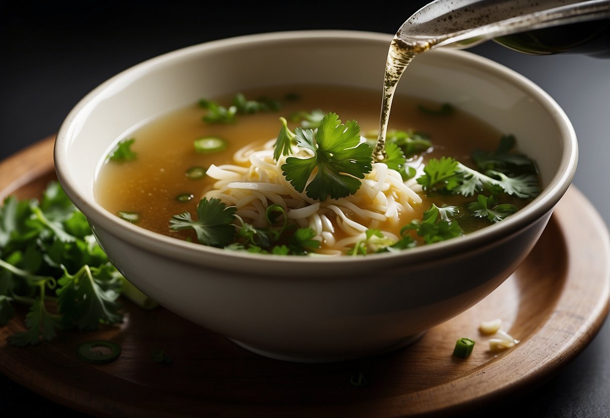 Chopped green onions and cilantro are sprinkled over a steaming bowl of Chinese chicken soup. Soy sauce is drizzled on top
