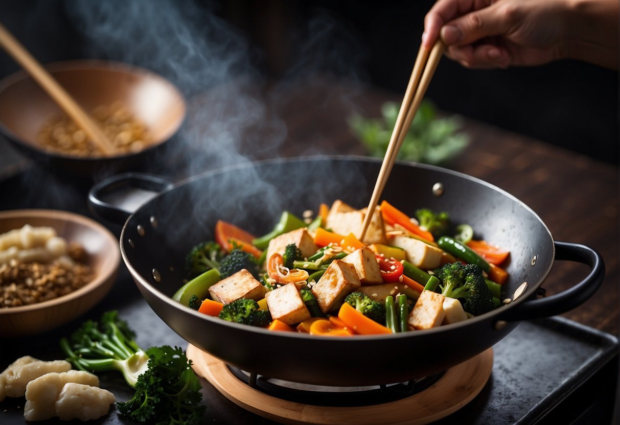A wok sizzles with stir-fried vegetables and tofu. A pot simmers with fragrant broth. Chopsticks and a bamboo steamer sit nearby