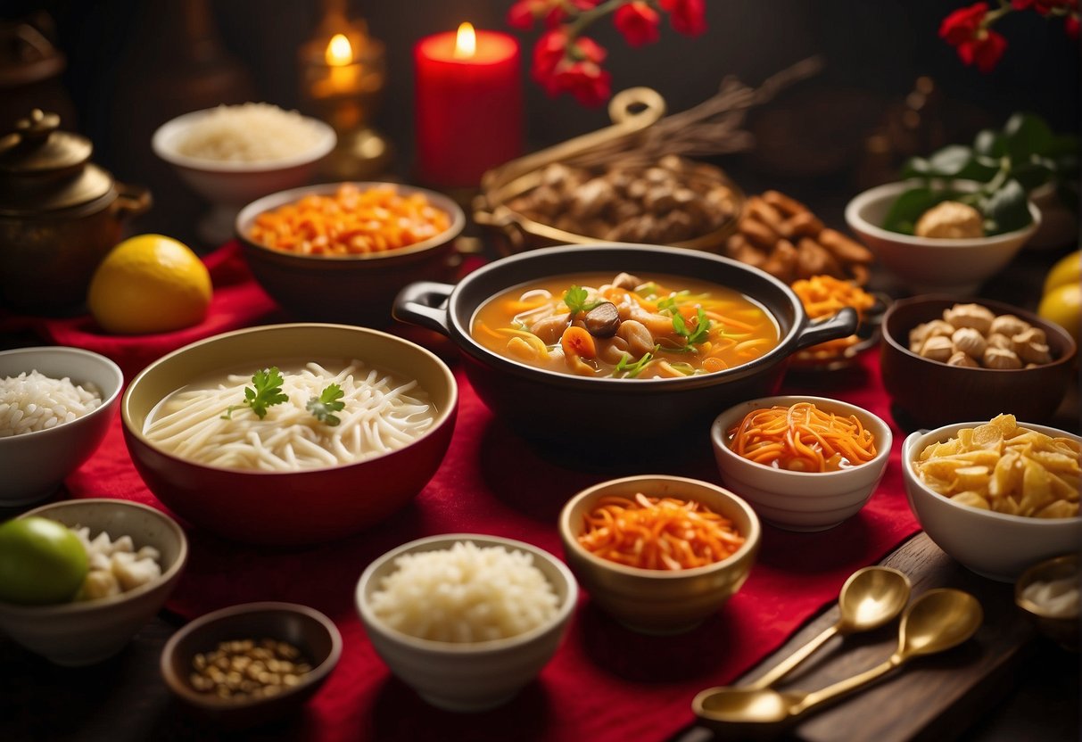 A table filled with various ingredients and cooking utensils for making Chinese New Year soup. Red and gold decorations add a festive touch