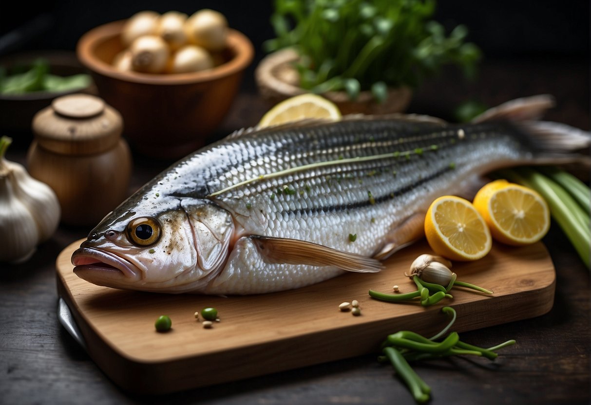 A whole fish being cleaned and scaled, surrounded by ginger, garlic, and scallions on a cutting board