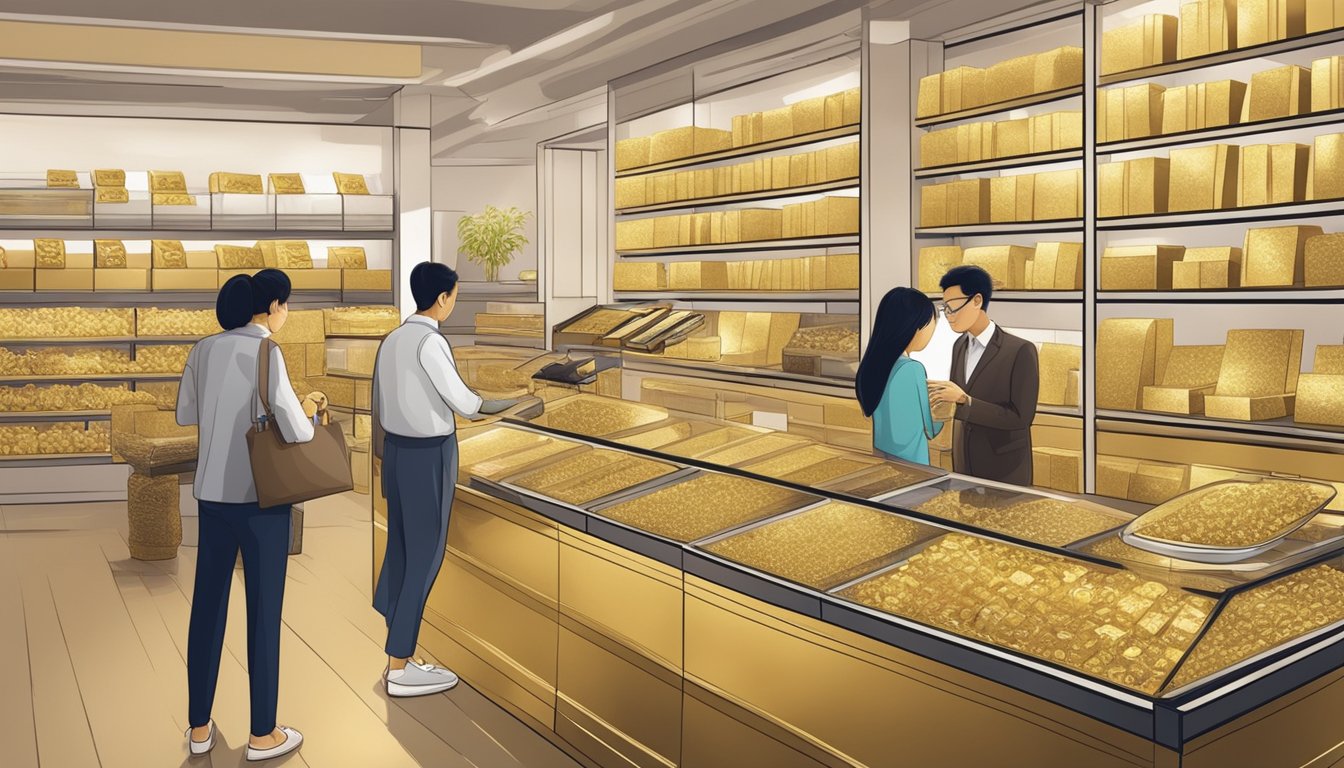 Customers browsing through a variety of gold products at a Singaporean store, while a sales representative answers their frequently asked questions