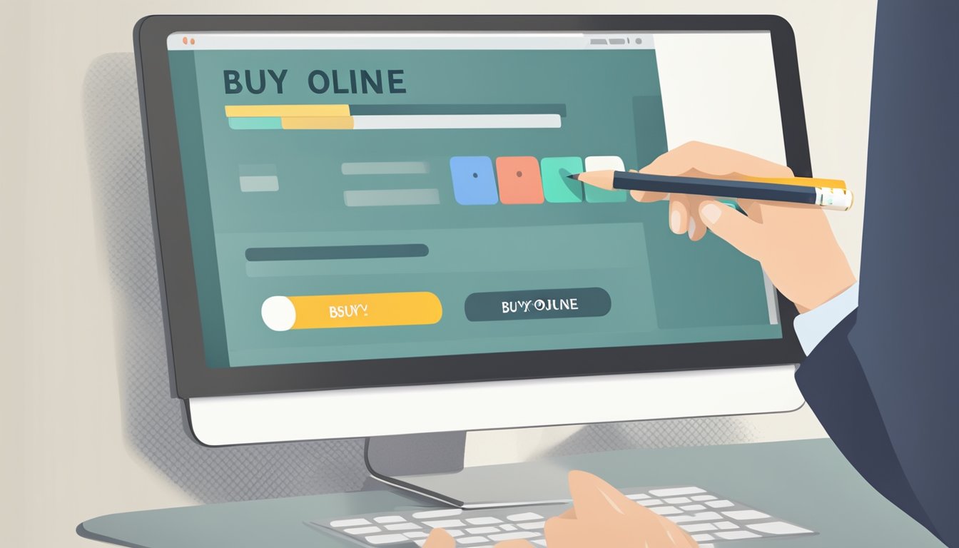 A hand reaches for a slate pencil on a digital device with "buy online" button