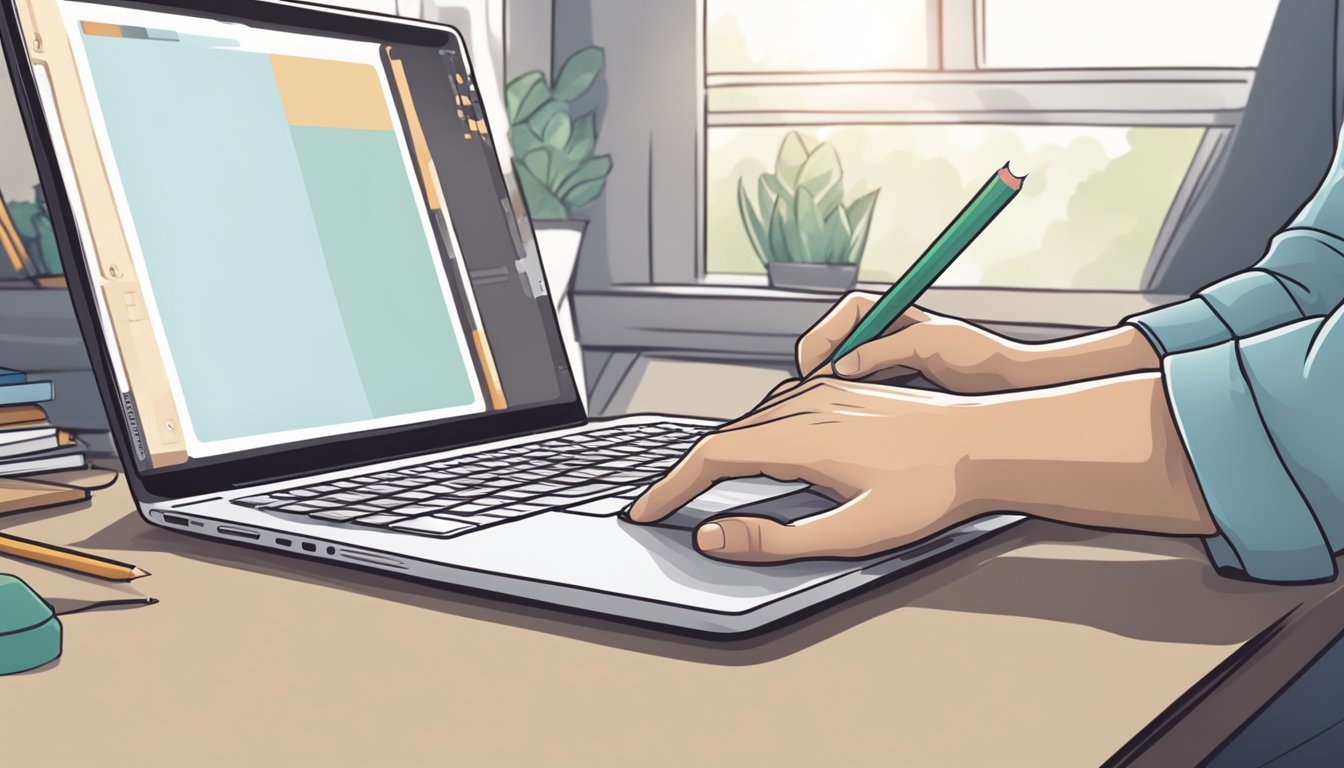 A hand reaches out to a computer screen, clicking on an online store to purchase slate pencils