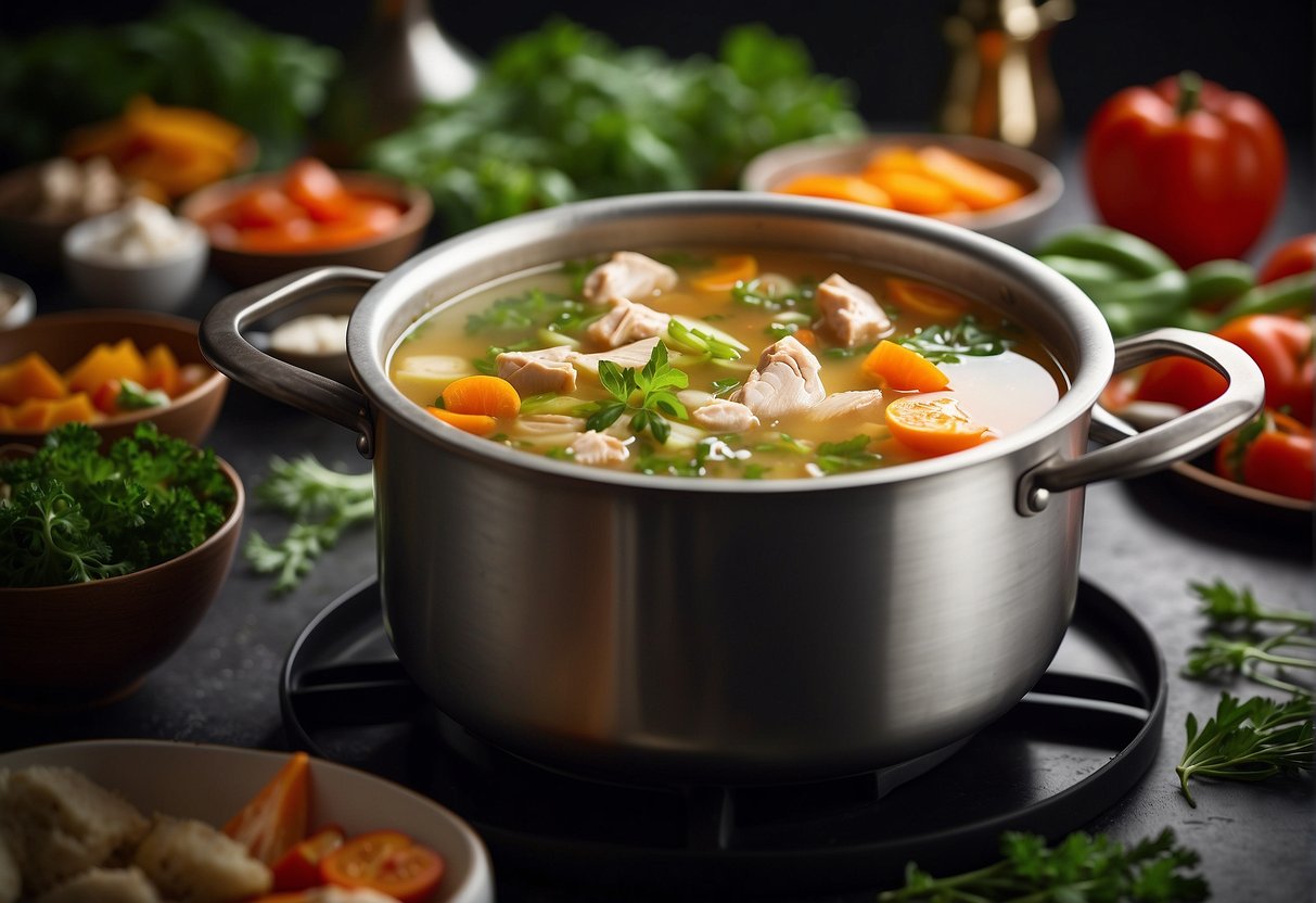 A pot of Chinese chicken soup simmering on the stove, surrounded by fresh vegetables and herbs. Airtight containers lined up for storing leftovers