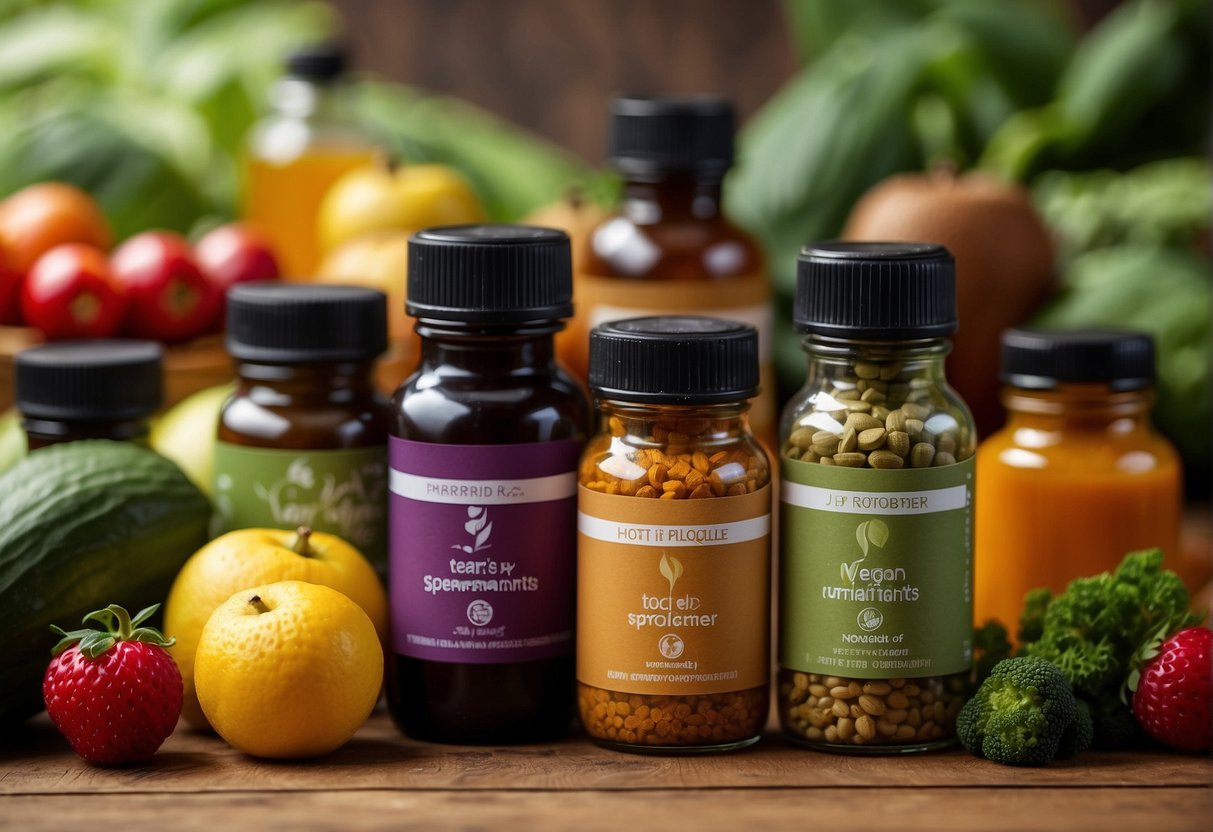 A variety of vegan supplements arranged on a natural wooden table, surrounded by fresh fruits and vegetables