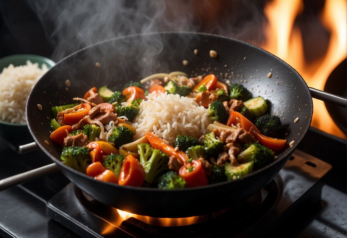 A wok sizzles with stir-fried vegetables and meat. Steam rises as a chef adds soy sauce and spices. A bowl of rice sits nearby