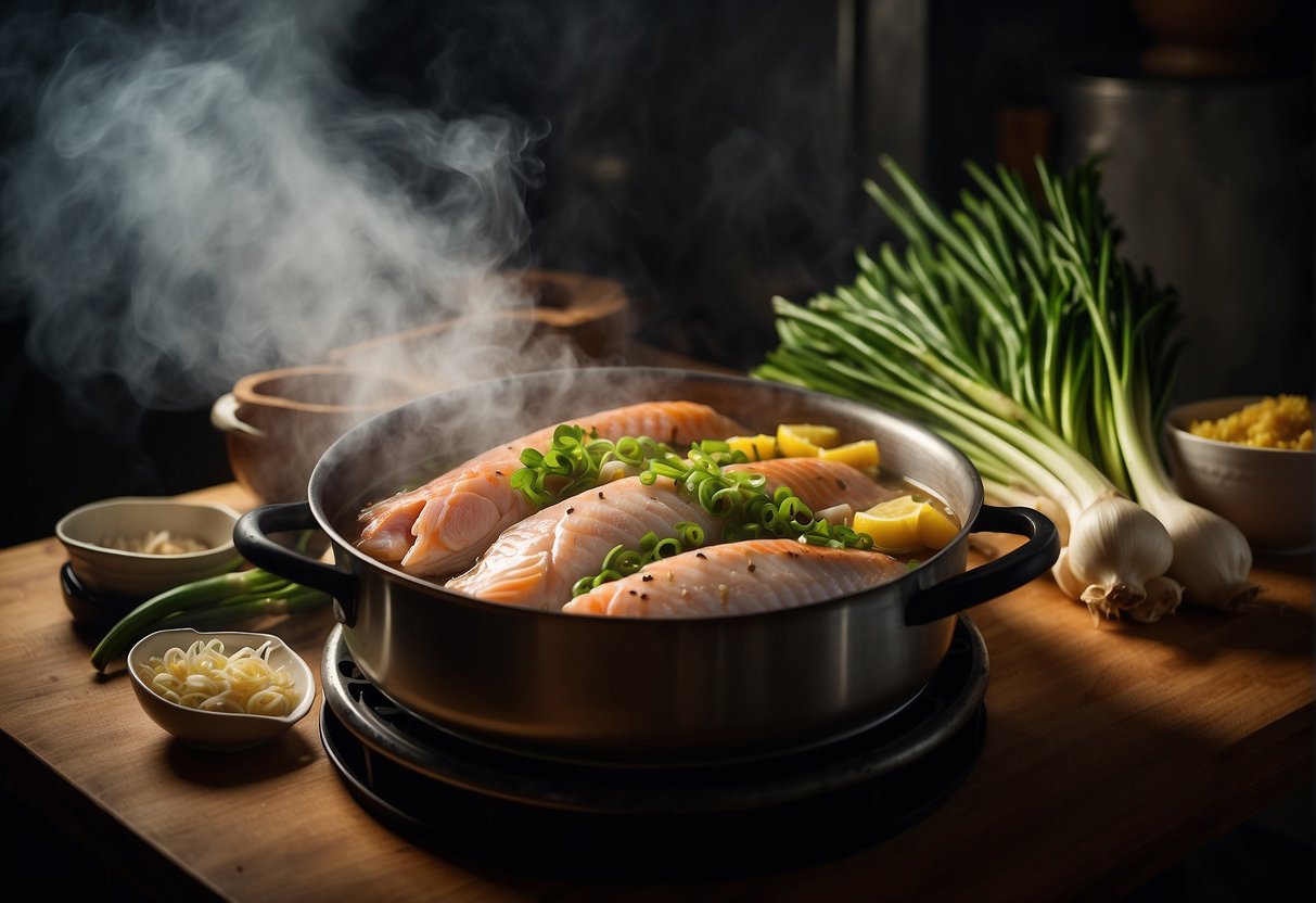 A large steaming pot with a whole fish surrounded by ginger, garlic, and green onions, emitting a fragrant steam