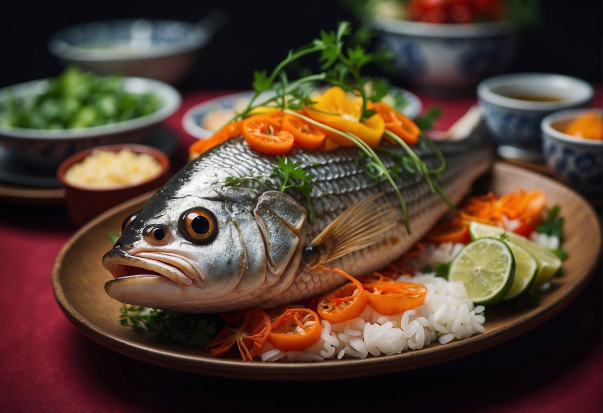 A whole steamed fish adorned with colorful garnishes and finishing touches for Chinese New Year celebration