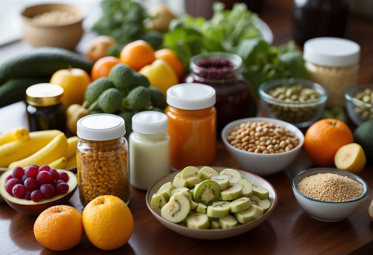 A variety of vegan supplements and nutrient-rich foods displayed on a table. Brightly colored fruits and vegetables, along with bottles of vitamins and minerals, are arranged neatly for easy identification