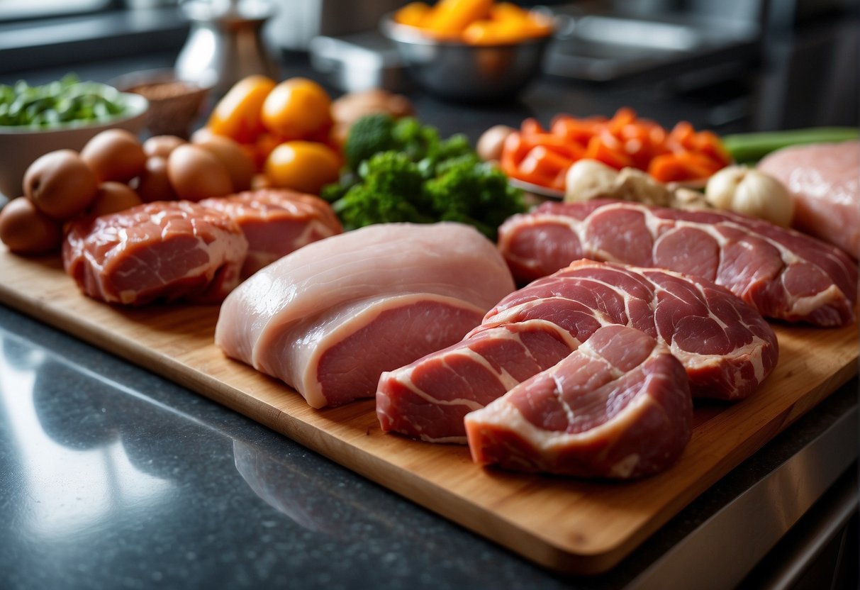 A variety of raw meat and poultry, along with fresh vegetables and aromatic spices, arranged on a clean and organized kitchen counter