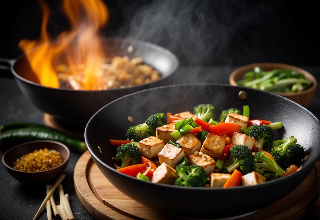 A wok sizzles with stir-fried vegetables and tofu. A bowl of steamed rice sits nearby, while a bottle of soy sauce and a pile of fresh ginger and garlic wait to be used