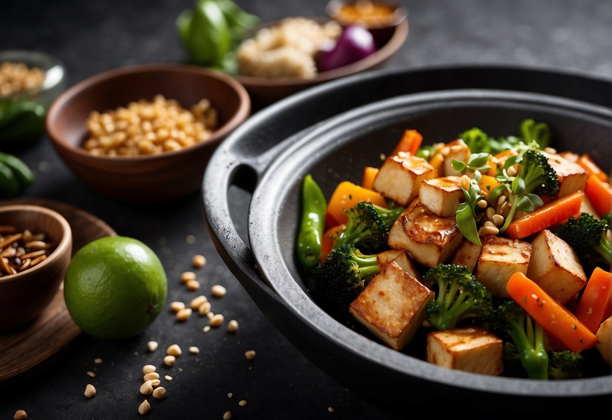 A wok sizzles with colorful stir-fried vegetables and tofu, surrounded by fresh ingredients like ginger, garlic, and soy sauce