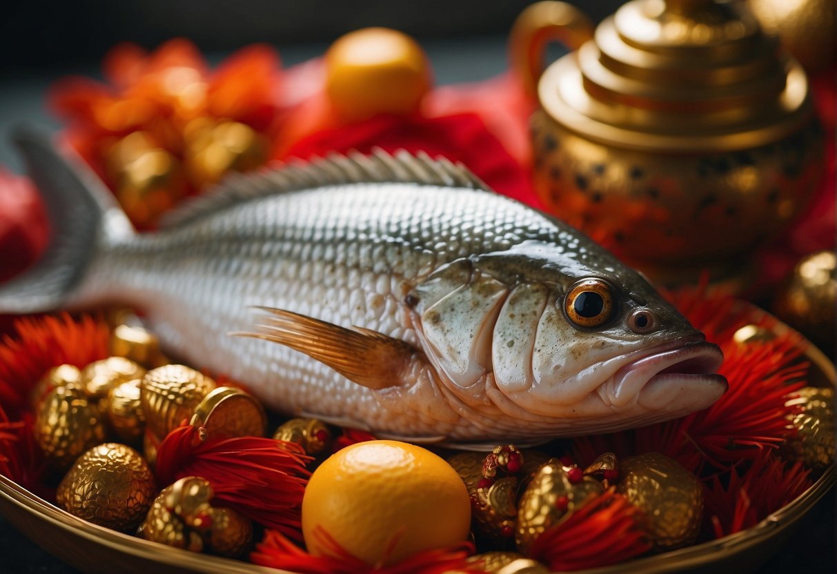 A whole steamed fish surrounded by vibrant red and gold decorations, symbolizing prosperity and good luck for Chinese New Year