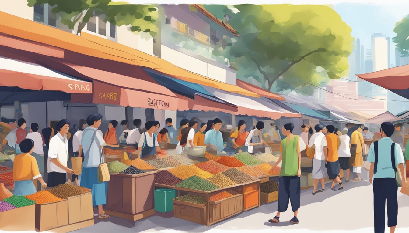 A bustling marketplace in Singapore, with colorful stalls and vendors selling various spices. A sign advertising "Saffron" catches the eye, drawing in curious shoppers